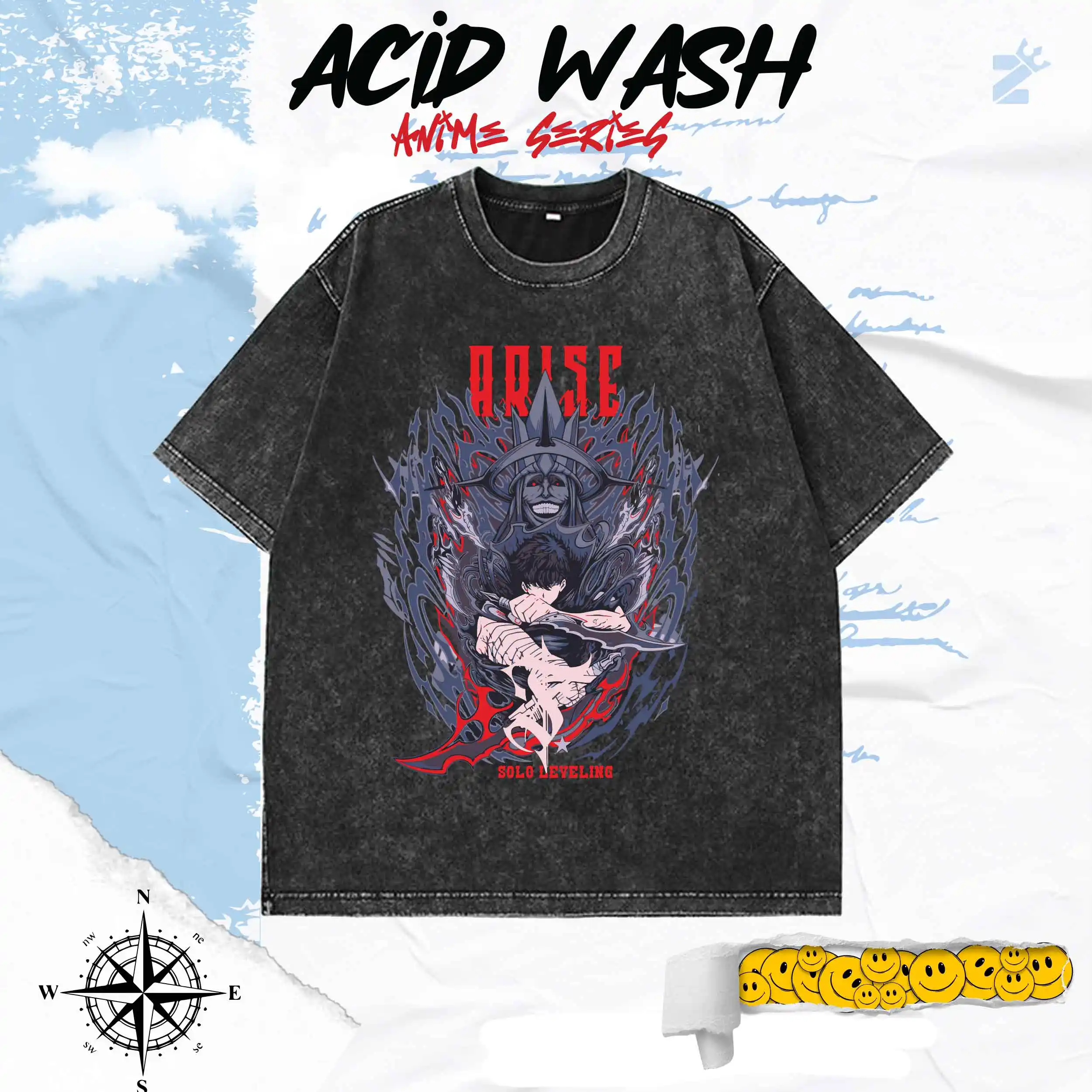 Arise Acid Wash Anime Graphic Shadow Monarch T-Shirt Unisex Streetwear 